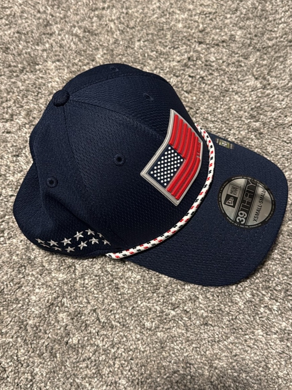 New Era Navy Patriotic USA Flag 39THIRTY Stretch-Fit Cap Ryder Cup 2025 XS-Small